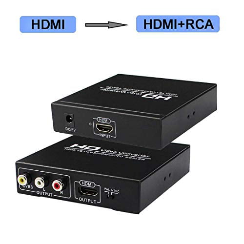 HDMI to RCA and HDMI Converter PAL HDMI to AV 3RCA and HDMI Adapter Support 1080P Black, Iron Shell NTSC for HD TV and Older TV 